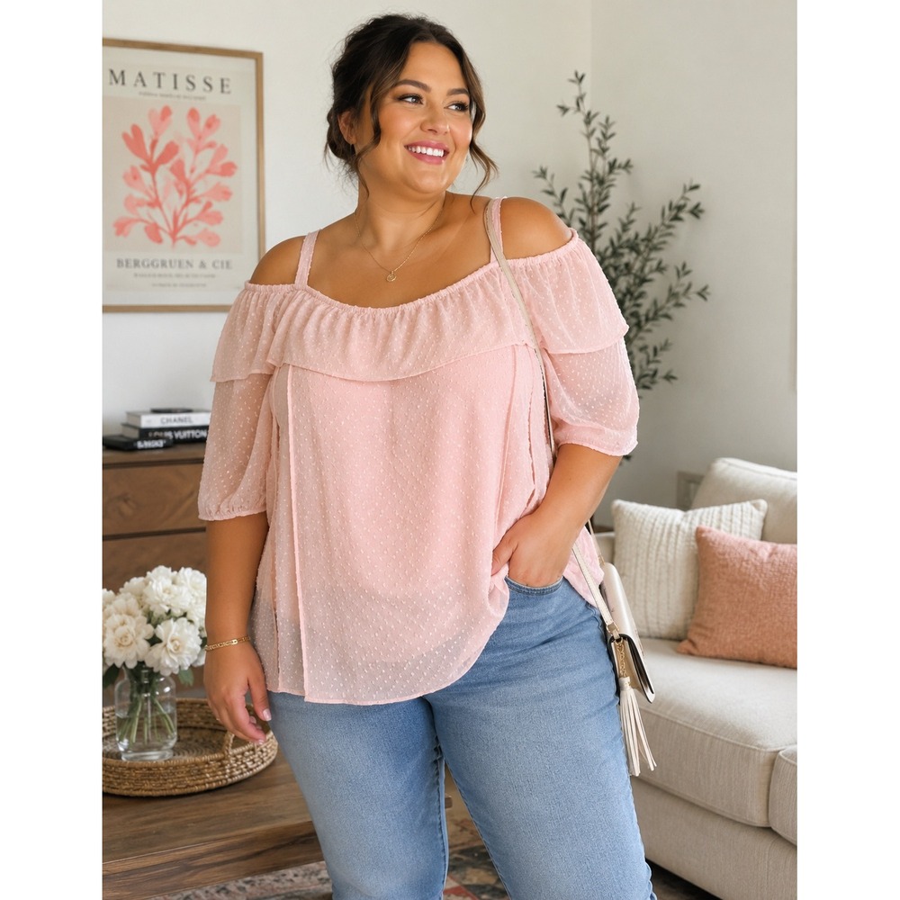 Boutique+ Pink Swiss Dot Cold Shoulder Ruffle Blouse 2X